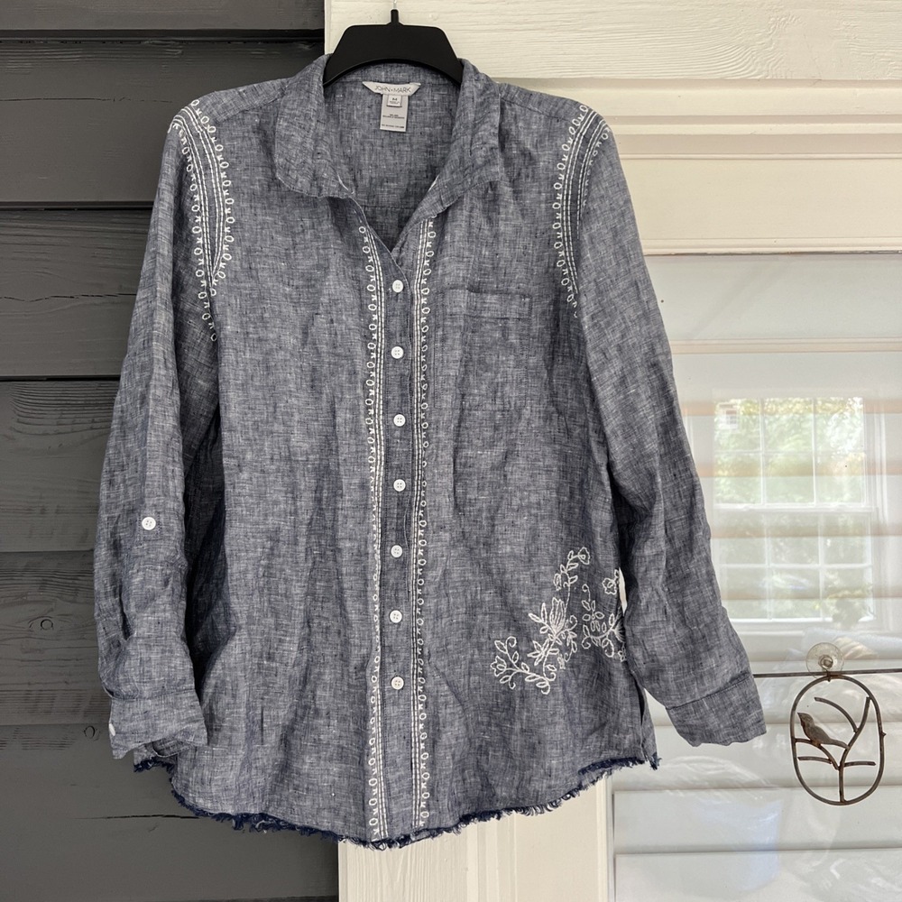 John Mark 100% Linen Shirt M Blue Embroidered Button Down Raw Hem Artsy Boho